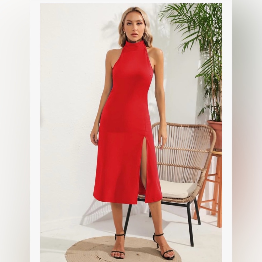 ALENDA DANMOS Women's Sleeveless High Neck Midi Dress Thigh Slit Cocktail Dress
